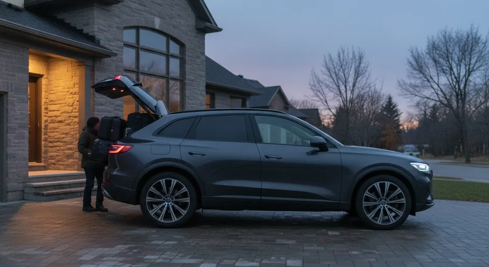 Black Audi Q7 waiting outside an Oakville home before an early-morning run to Pearson Terminal 1